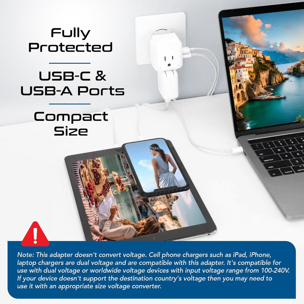 Europe Plug Adapter, 20W PD & QC, Safe Dual USB & USB-C 3.1A - 2 USA Outlet - Compact & Powerful - Use Euro, Greece, Italy, Switzerland, Turkey, Portugal - Includes Type C Swadapt Attachment