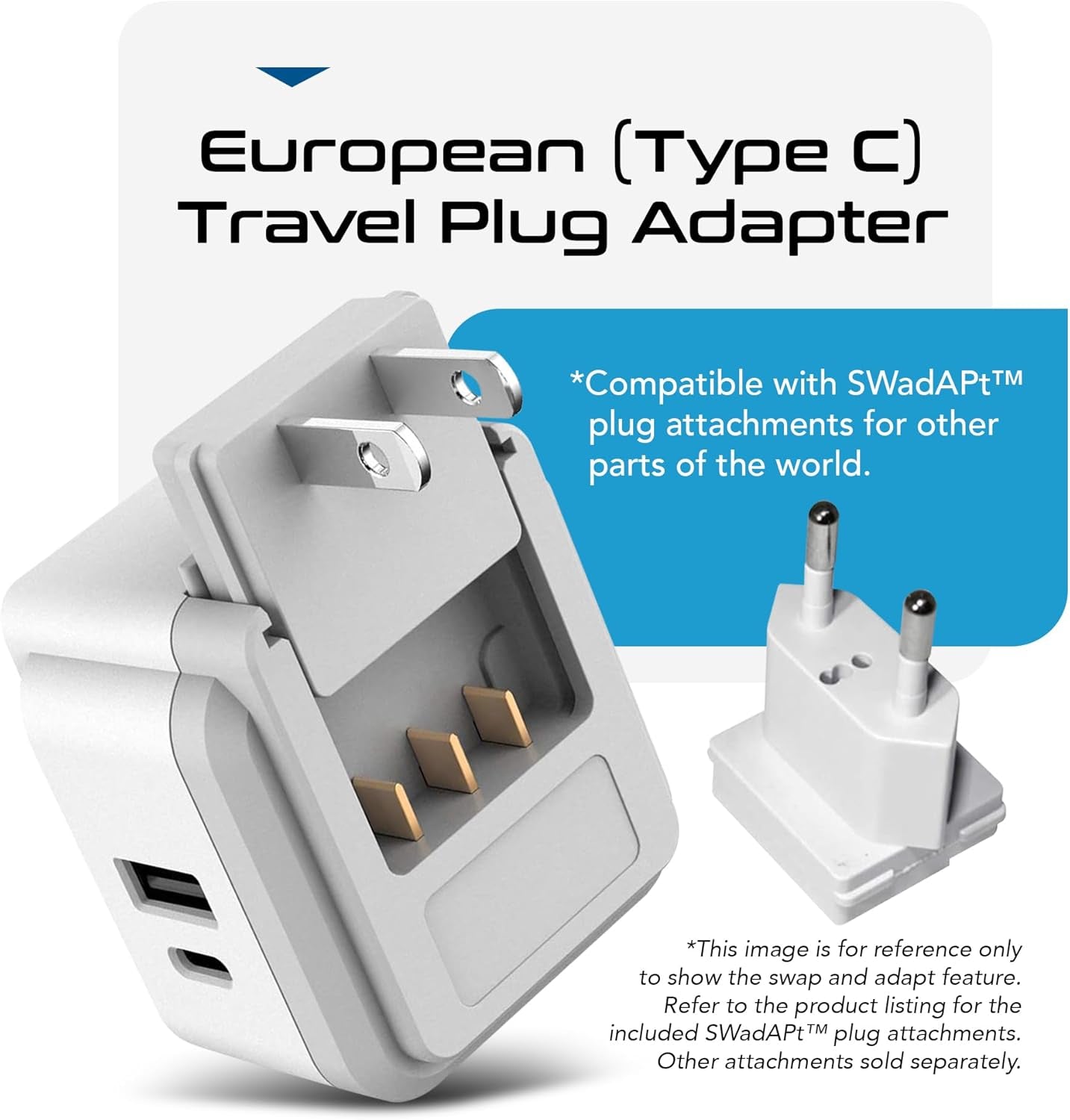 Europe Plug Adapter, 20W PD & QC, Safe Dual USB & USB-C 3.1A - 2 USA Outlet - Compact & Powerful - Use Euro, Greece, Italy, Switzerland, Turkey, Portugal - Includes Type C Swadapt Attachment